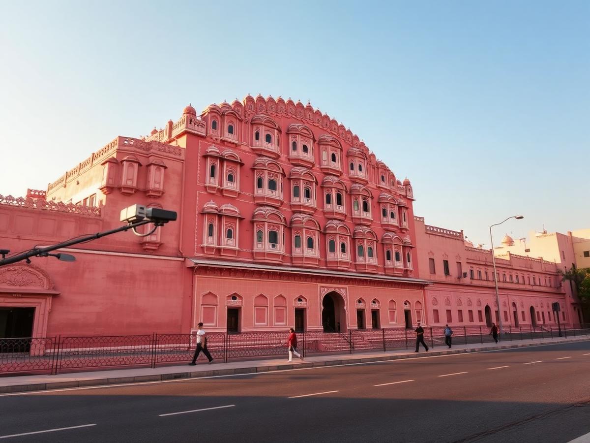 Hawa Mahal pink sandstone facade in early morning light, Jaipur