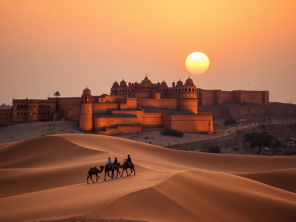 Jaisalmer golden sandstone fort at sunset with camels crossing Thar desert dunes