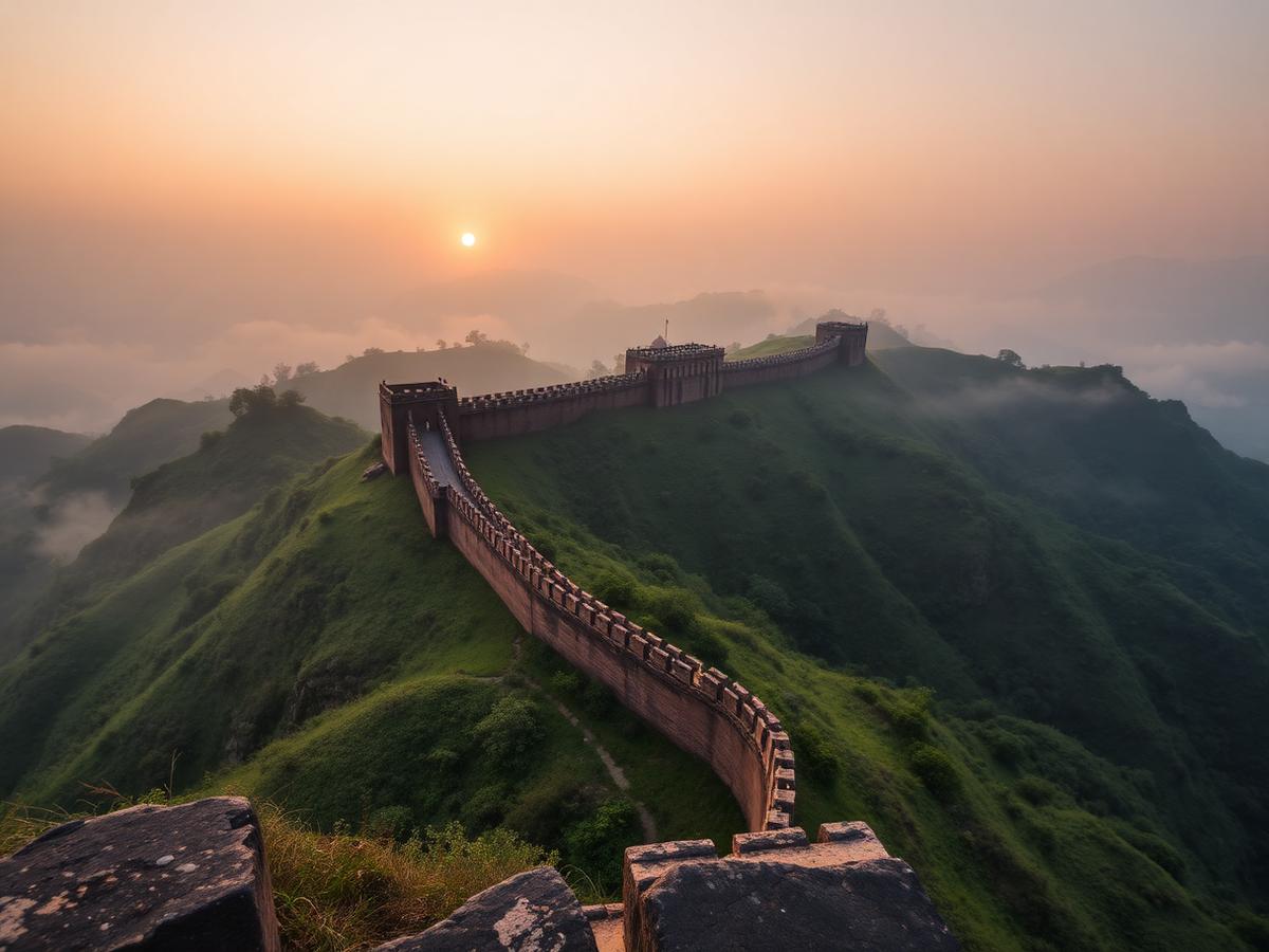 The great wall of Kumbhalgarh Fort winding over misty green Aravalli hills at sunrise
