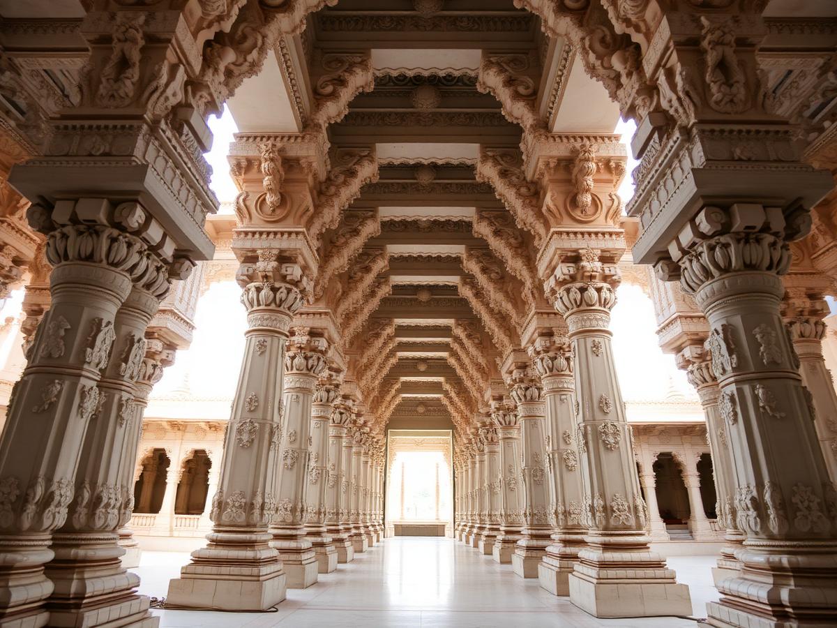 Intricately carved white marble pillars inside the Ranakpur Jain temple