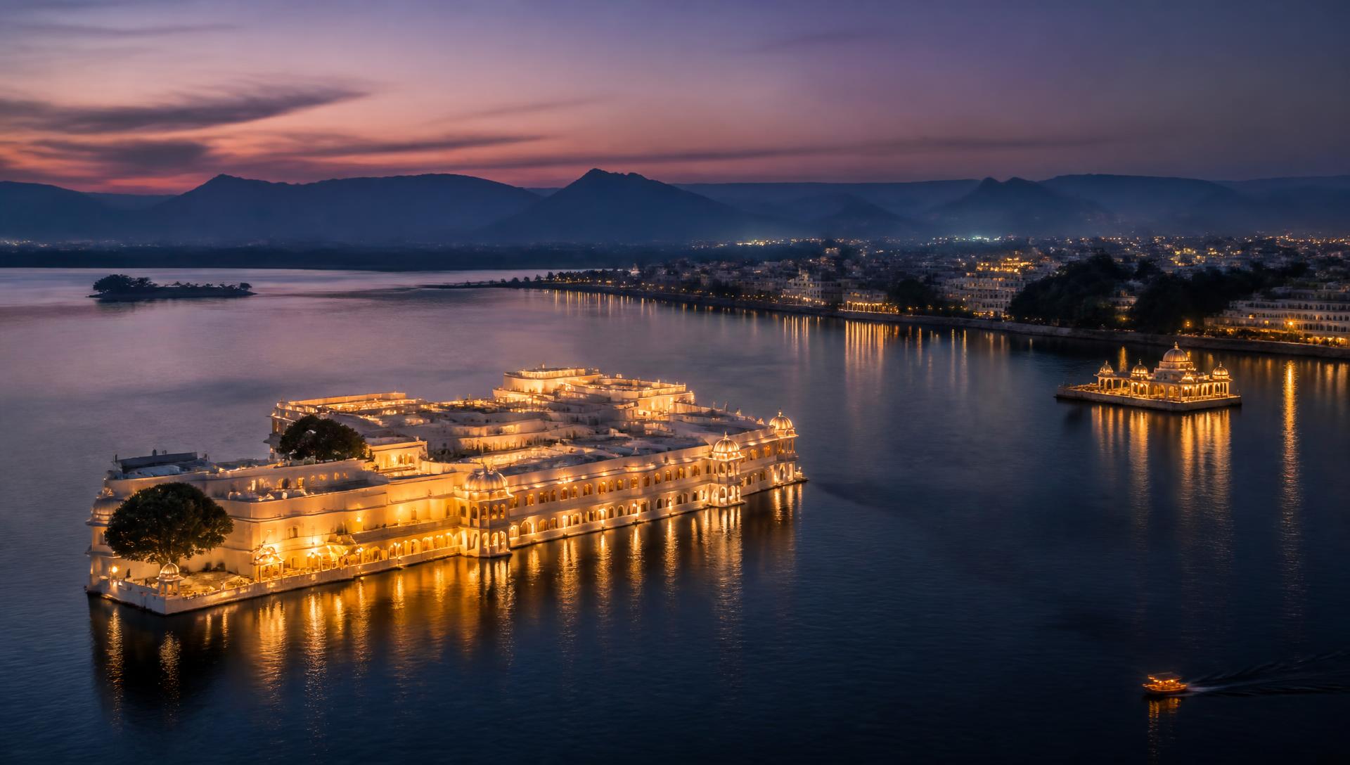 Lake Pichola at dusk with the illuminated Lake Palace and the Aravalli hills behind, Udaipur